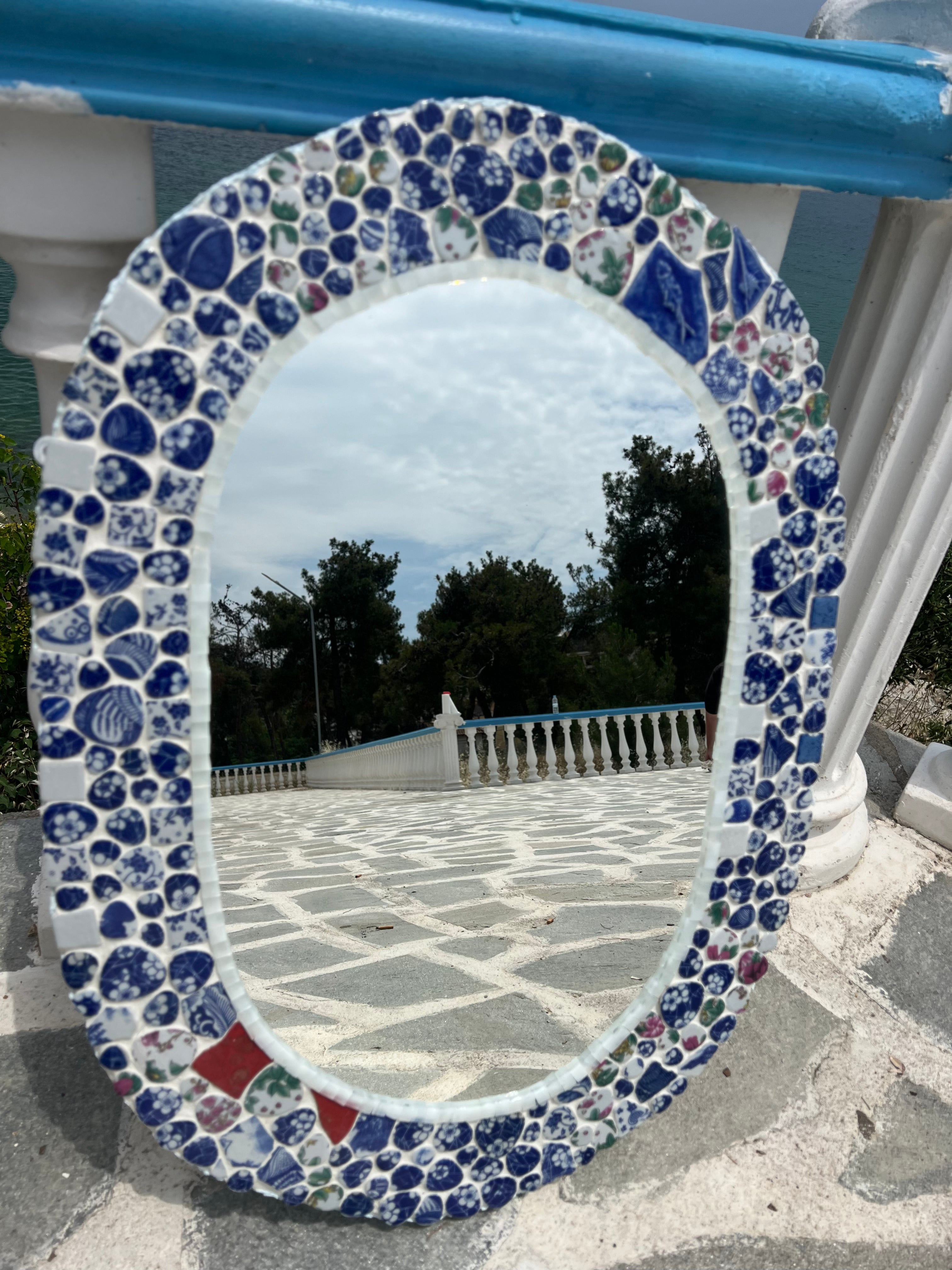 Kyma Mirror — Handcrafted Blue & White Porcelain Mosaic, Oval