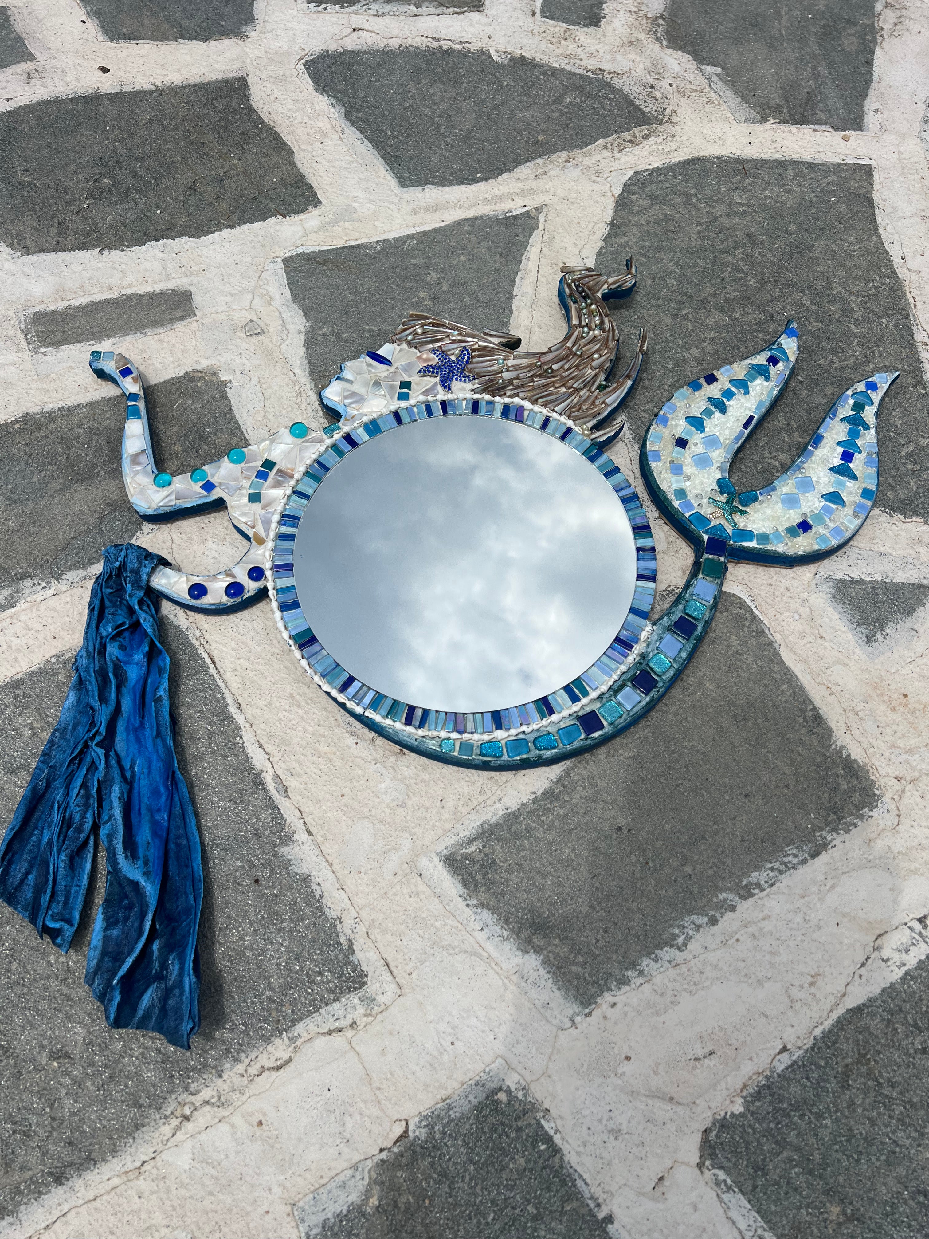 Nerida Mirror — Sculptural Mermaid Mosaic, Mother-of-Pearl & Bronze