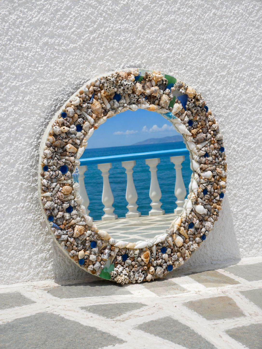 Ammoudia Mirror — Natural Shell & Sea Glass Mosaic, Round