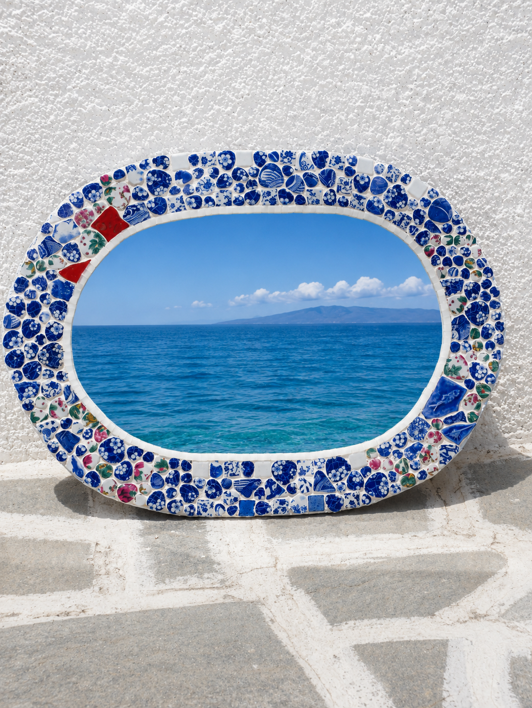 Kyma Mirror — Handcrafted Blue & White Porcelain Mosaic, Oval