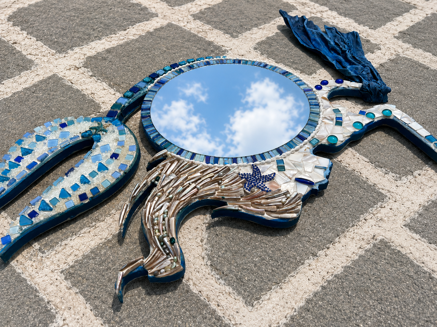 Nerida Mirror — Sculptural Mermaid Mosaic, Mother-of-Pearl & Bronze