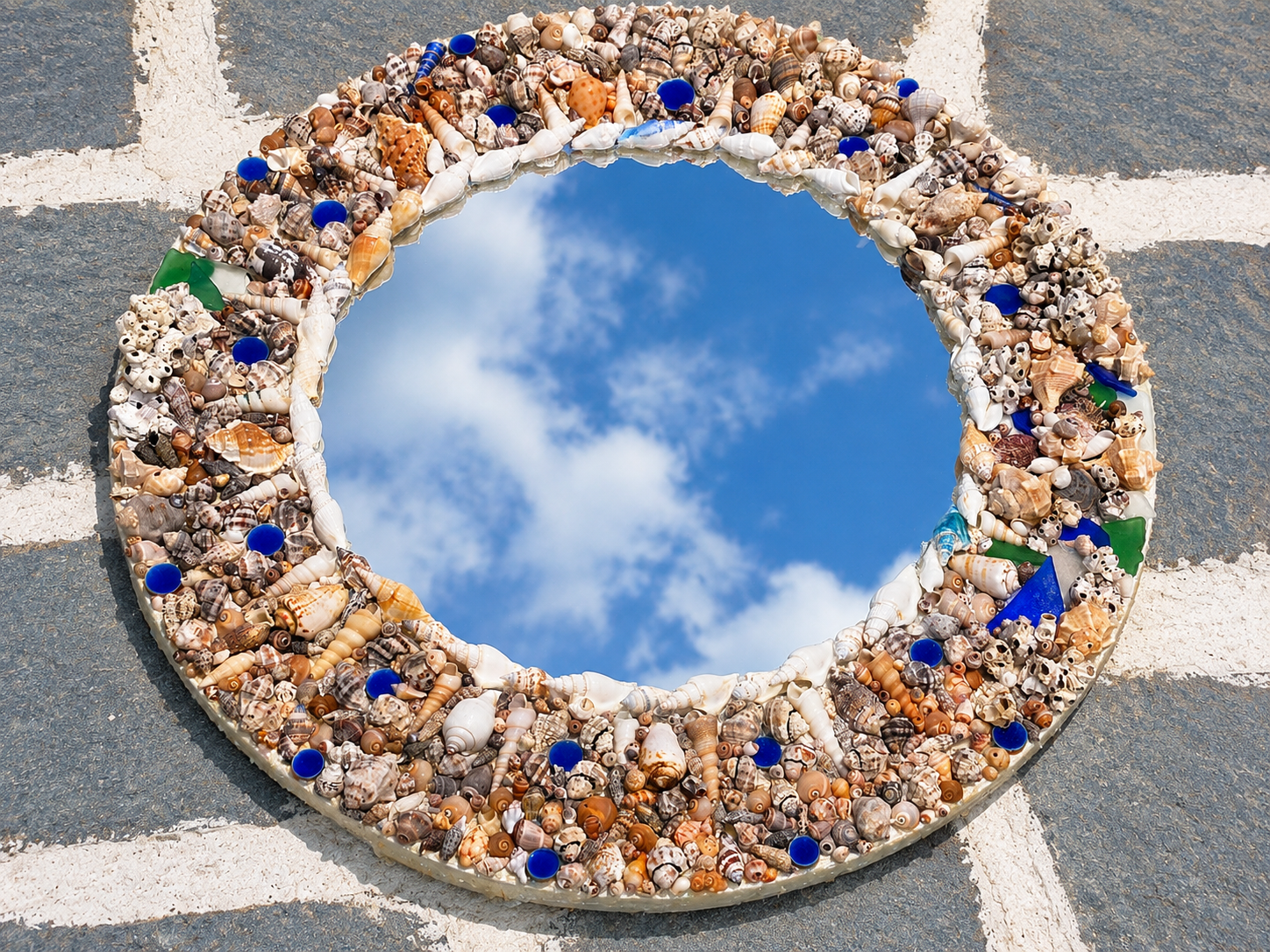 Ammoudia Mirror — Natural Shell & Sea Glass Mosaic, Round