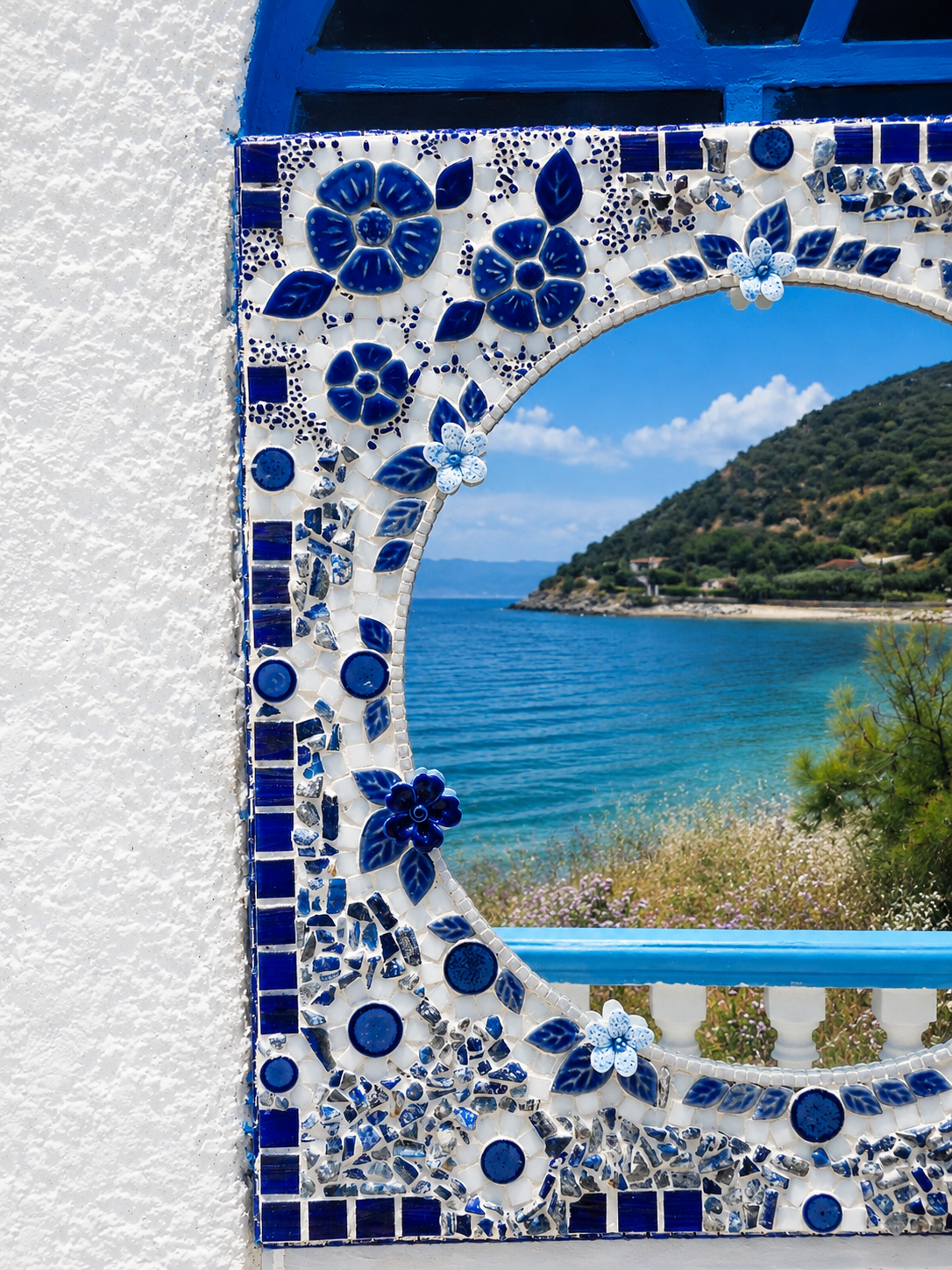 Anthemion Mirror — Cobalt Floral Mosaic, Square Frame