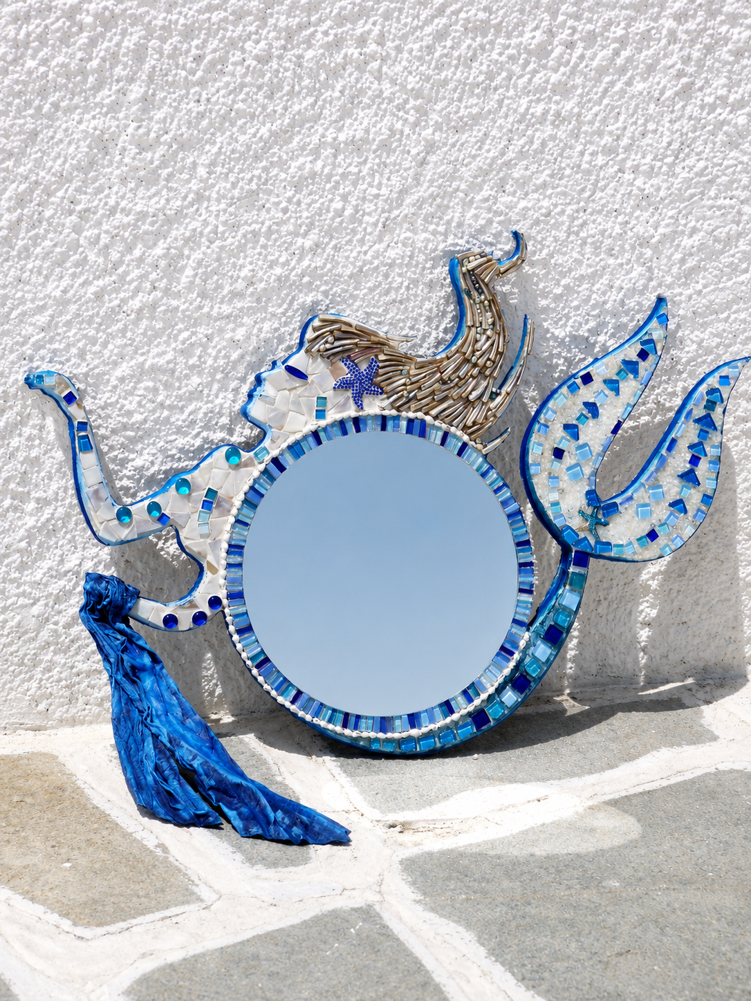 Nerida Mirror — Sculptural Mermaid Mosaic, Mother-of-Pearl & Bronze
