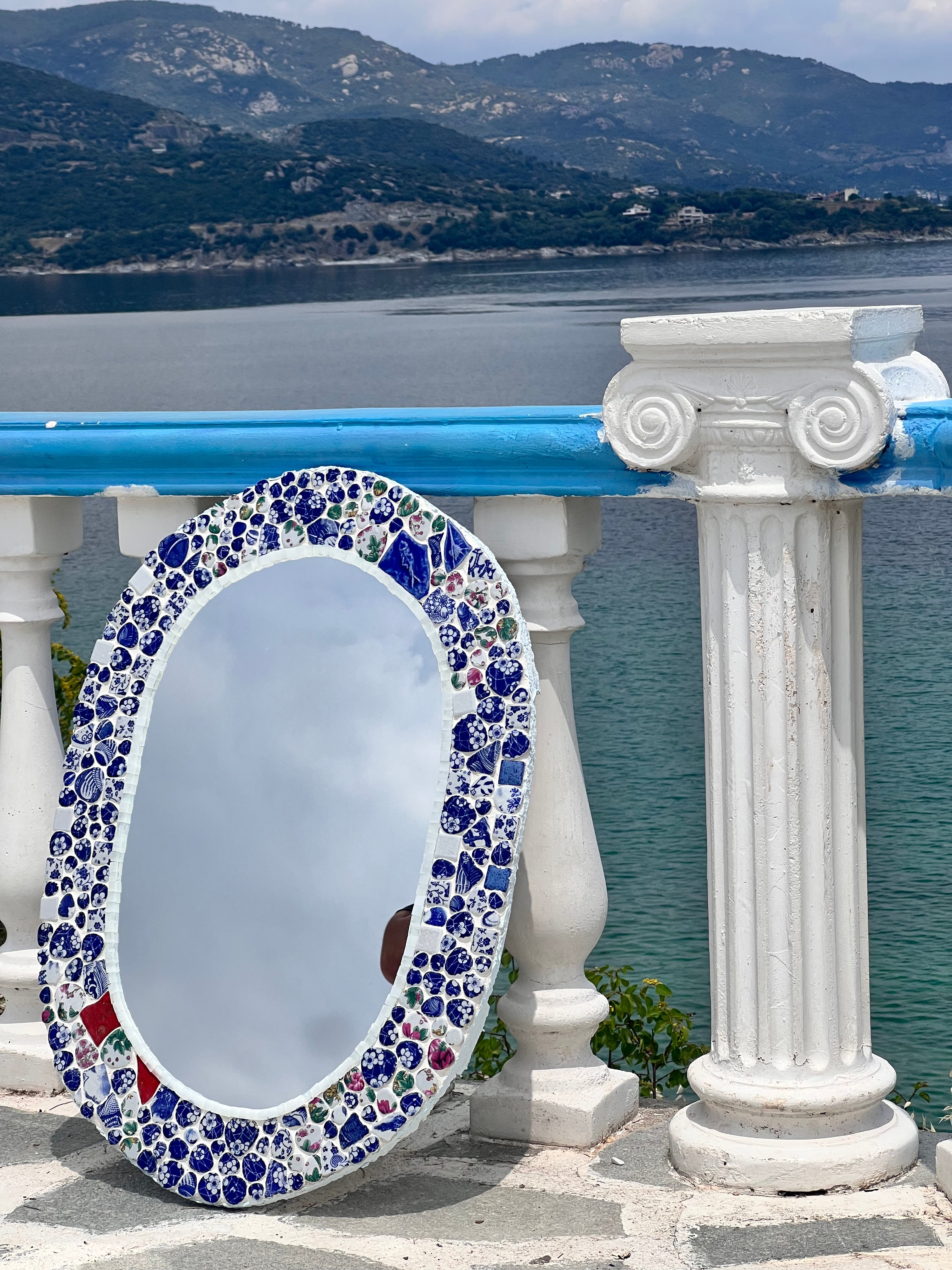 Kyma Mirror — Handcrafted Blue & White Porcelain Mosaic, Oval