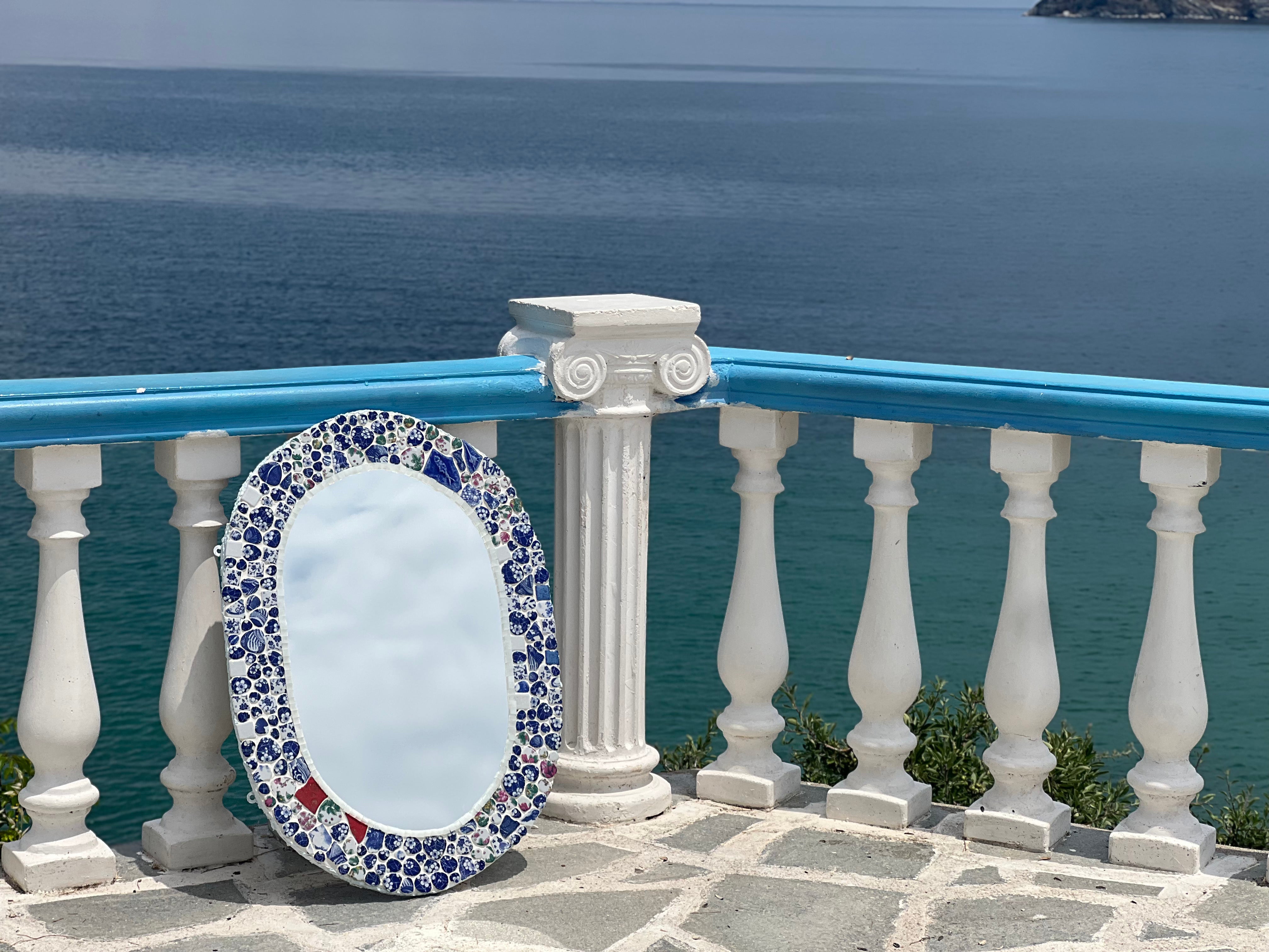 Kyma Mirror — Handcrafted Blue & White Porcelain Mosaic, Oval