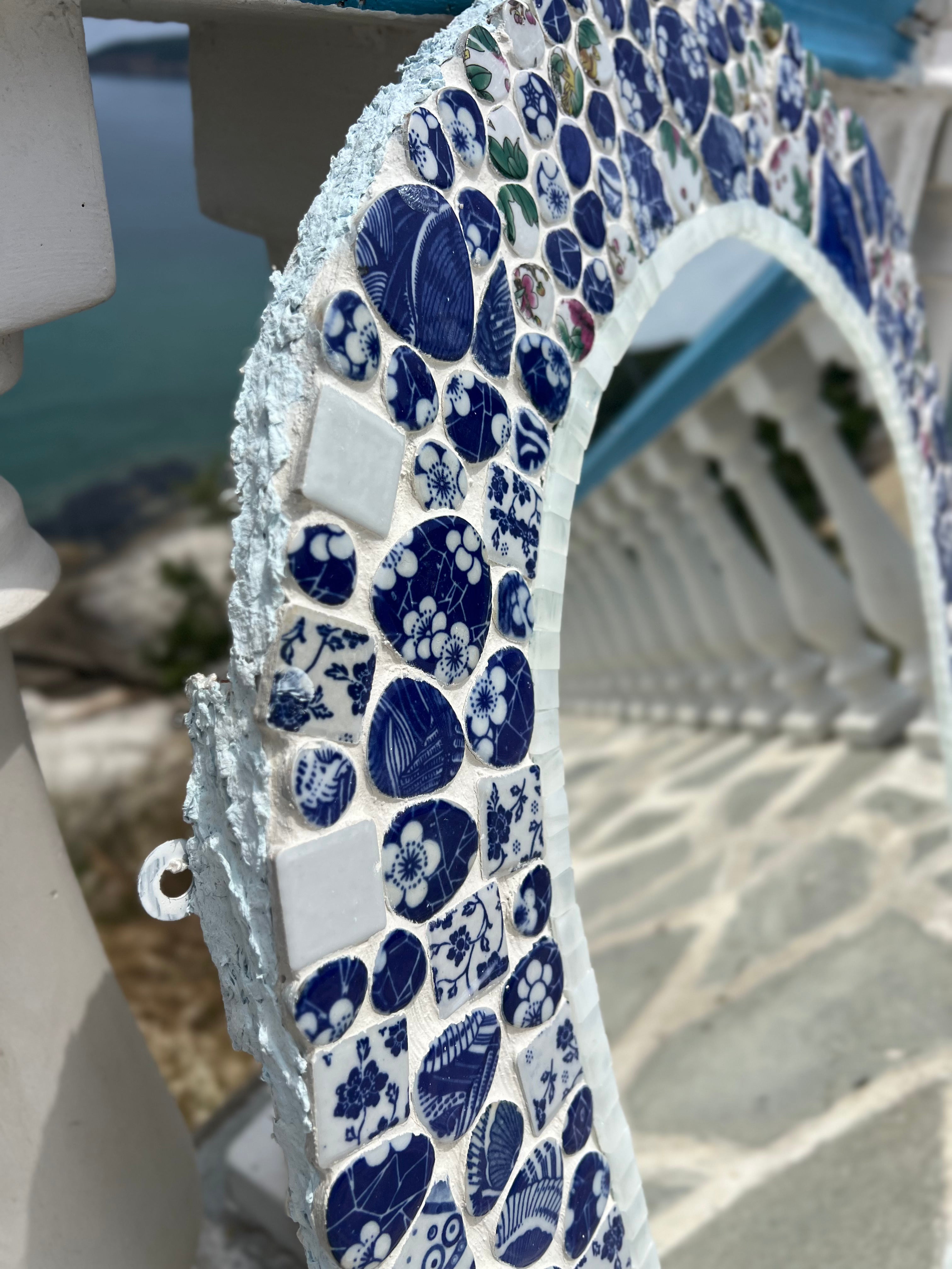 Kyma Mirror — Handcrafted Blue & White Porcelain Mosaic, Oval