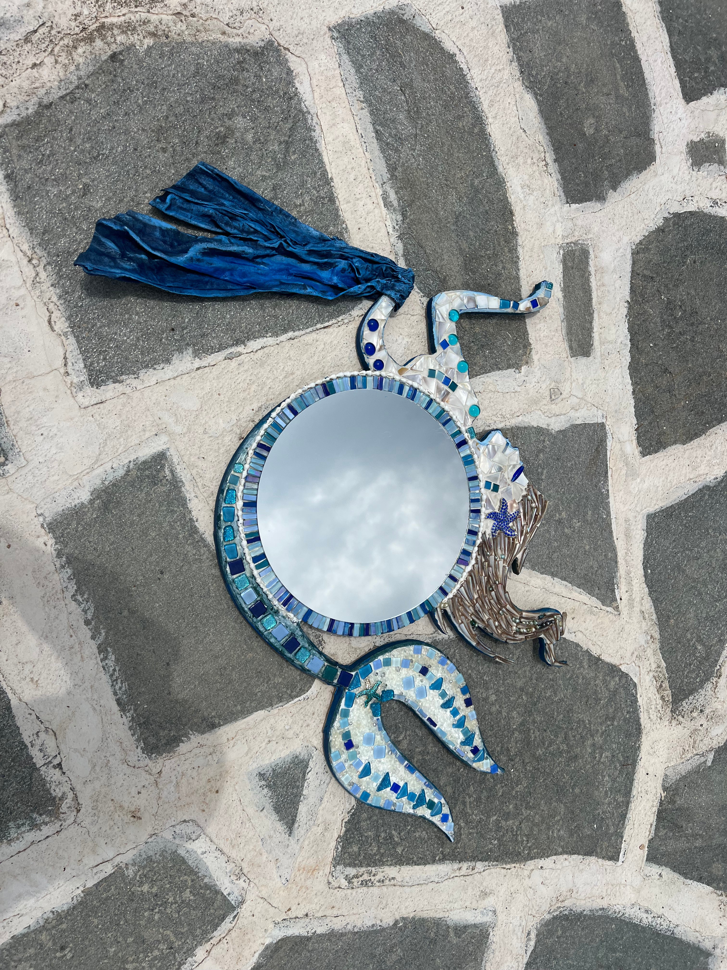 Nerida Mirror — Sculptural Mermaid Mosaic, Mother-of-Pearl & Bronze