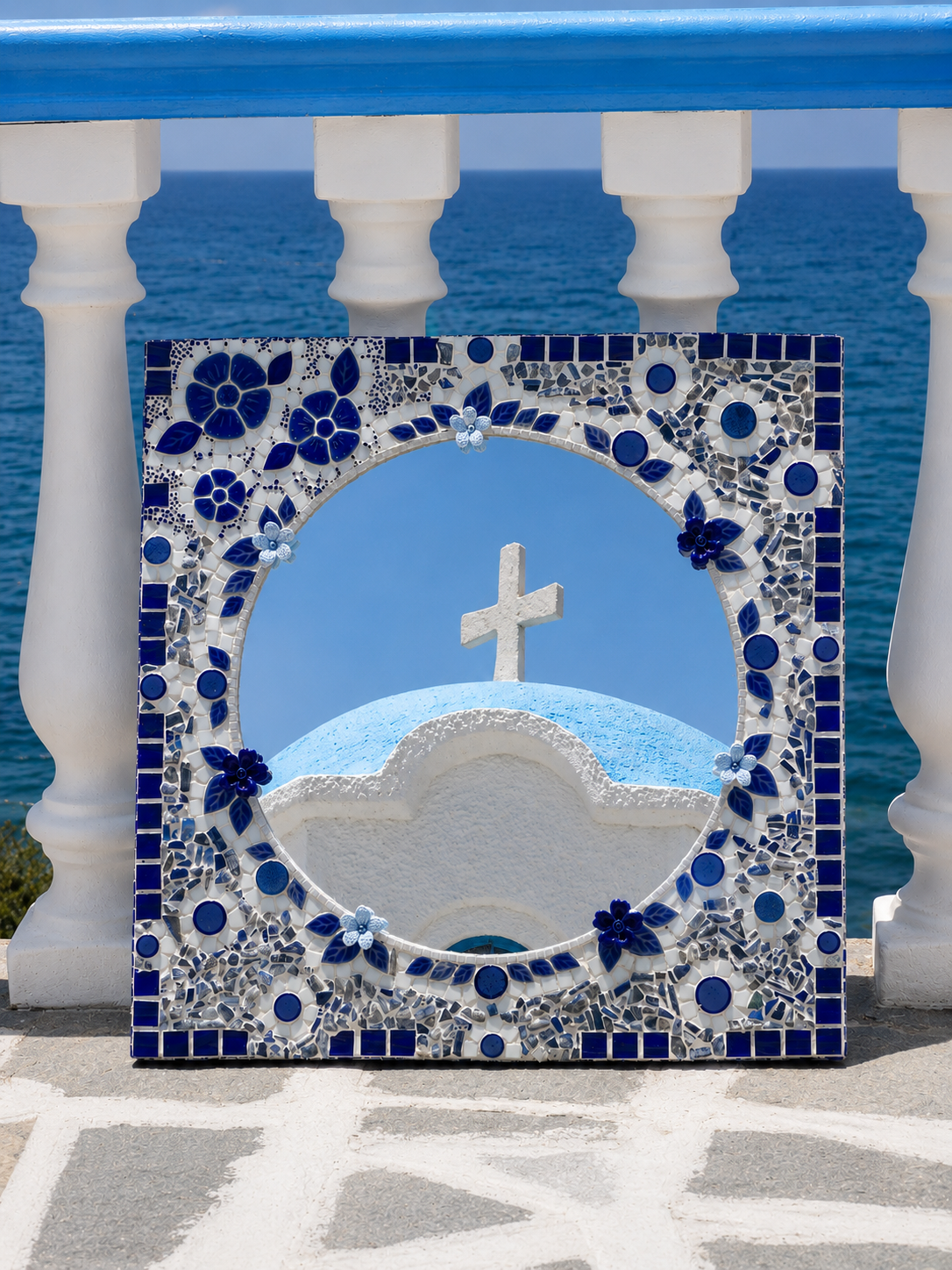 Anthemion Mirror — Cobalt Floral Mosaic, Square Frame