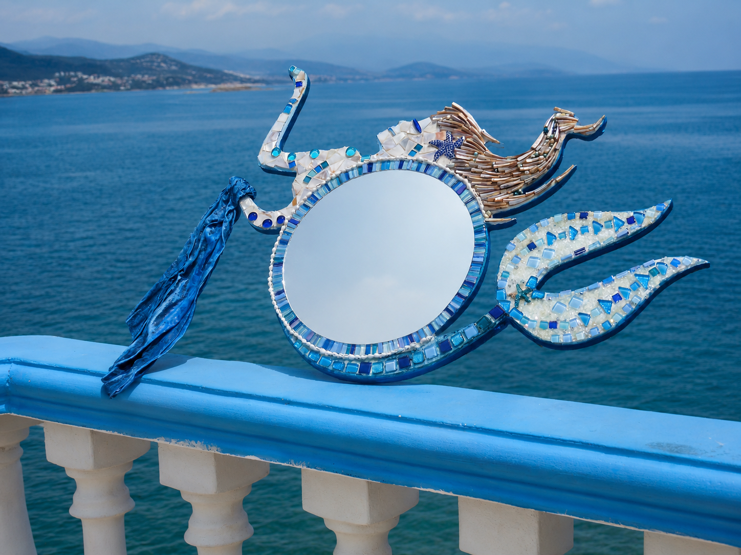 Nerida Mirror — Sculptural Mermaid Mosaic, Mother-of-Pearl & Bronze