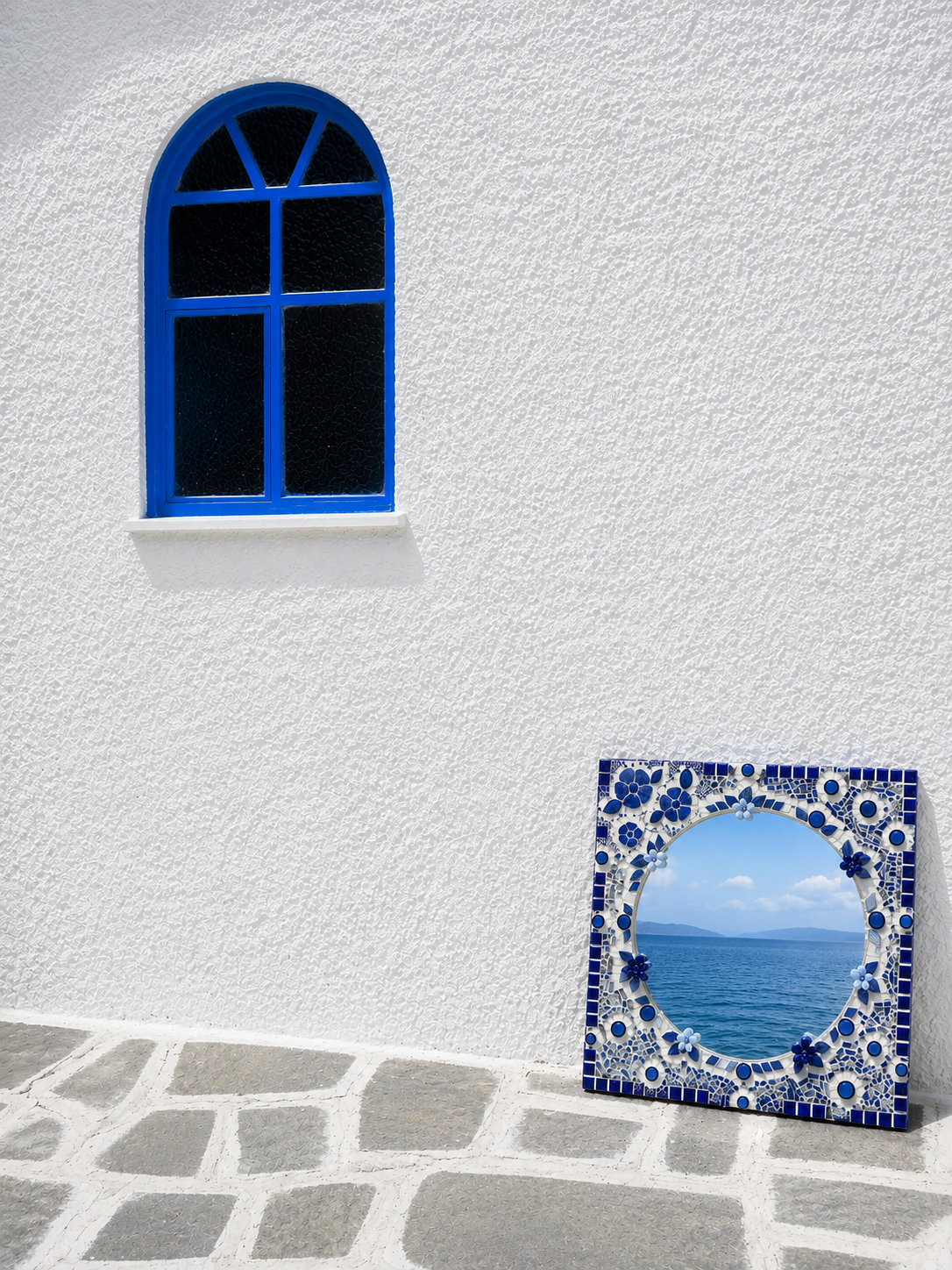 Anthemion Mirror — Cobalt Floral Mosaic, Square Frame