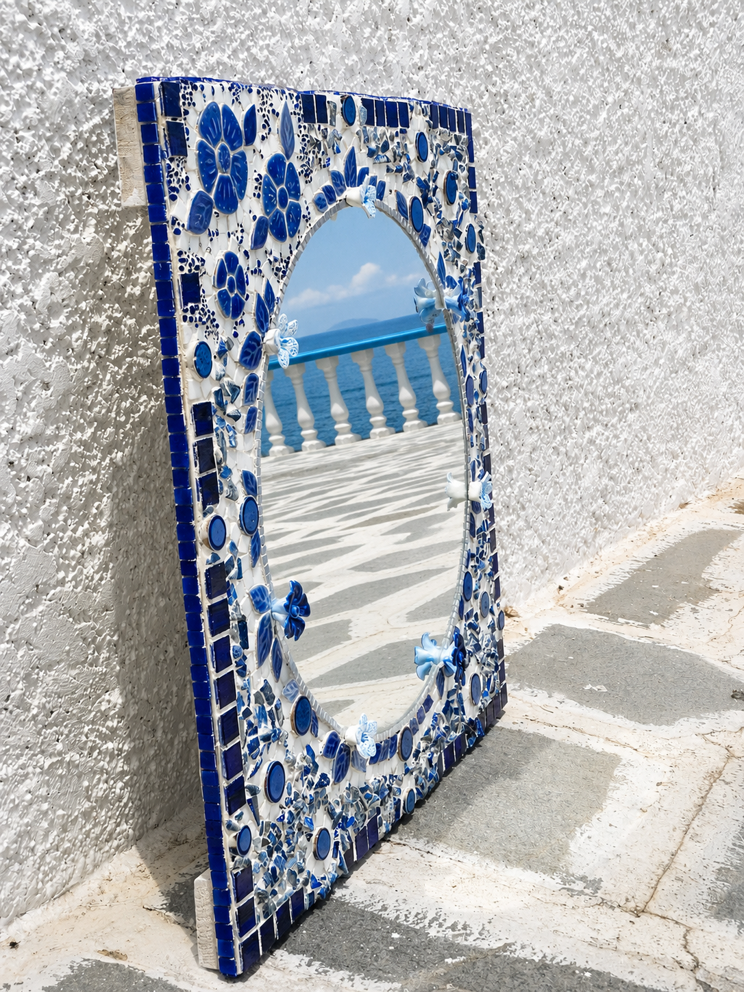 Anthemion Mirror — Cobalt Floral Mosaic, Square Frame